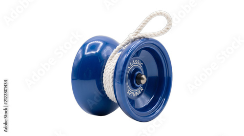 Vivid blue wooden yo-yo toy with a white string, studio captured and isolated on a transparent background for diverse commercial projects.
