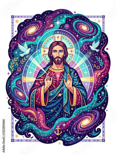 Fotografía Jesus Christ surrounded by cosmic nebula and symbols