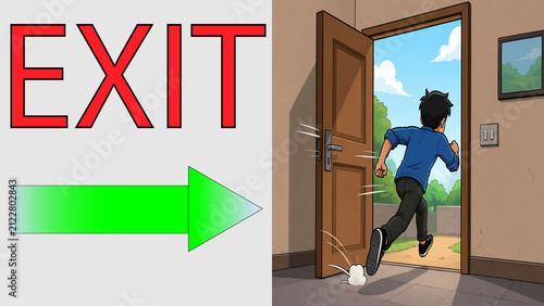 Fotografía Illustration showing man running through open door with green arrow