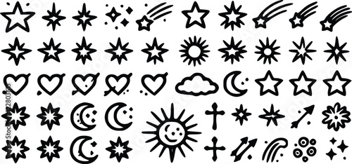 Set of hand drawn doodle stars suns moons and hearts icons black sketch collection for creative design projects and decorative graphic illustrations