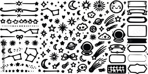 Set of hand drawn space elements stars planets comets constellations dividers and banners for creative design projects in black ink style