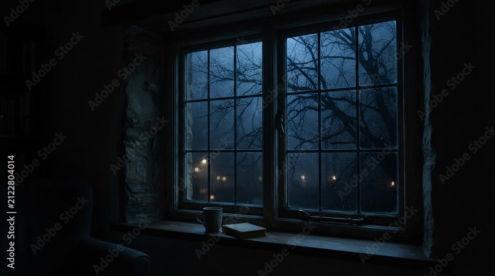Fototapeta premium Dark Window View with Book and Mug on Rainy Night, Atmospheric Moody Background for Seasonal Marketing