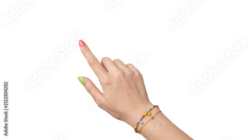 Obraz na plátne Elegant female hand pointing diagonally upward with bright nail polish, slender