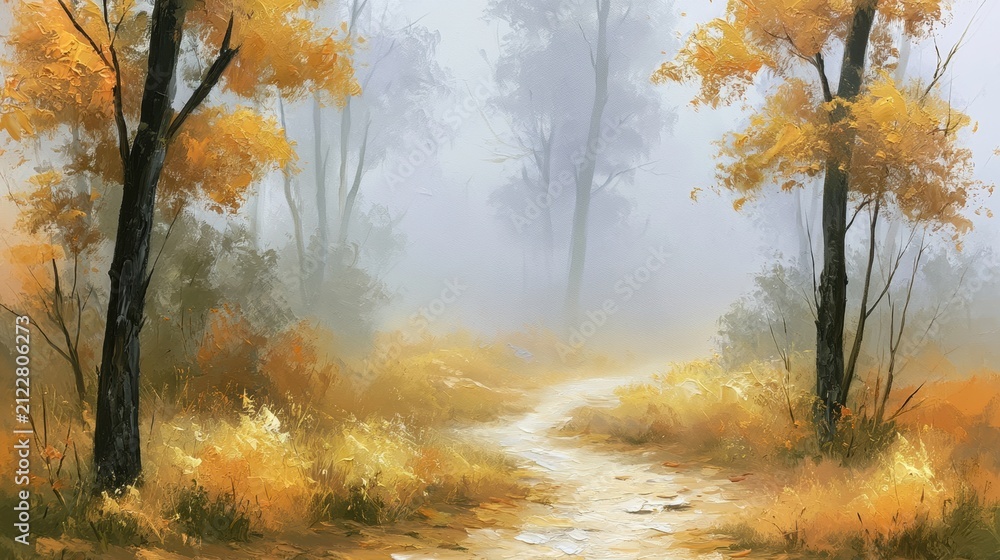 Fototapeta premium A path winds through a misty forest with trees in autumn colors. Gentle brushwork shows the soft, warm palette of gold and amber.