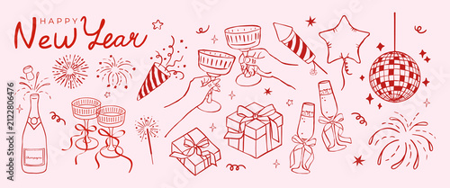 New year element set, with disco ball, champagne toast, fireworks, gift boxes and party popper in vintage coquette doodle style. Vector for greeting card, invitation, stickers and holiday design.