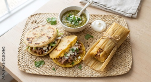 Traditional Mexican Gorditas and Tamales on Woven Mat, Authentic Latin American Cuisine Food Photography for Restaurant Marketing
