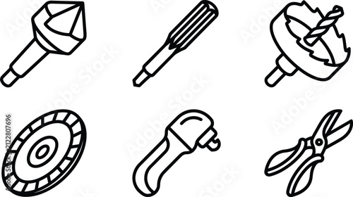 Bild auf Leinwand Industrial Cutting and Drilling Power Tool Accessories Vector Icon Set Featuring