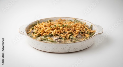 Green Bean Casserole in Ceramic Dish with Crispy Onions, Thanksgiving Holiday Food Photography for Menu Design