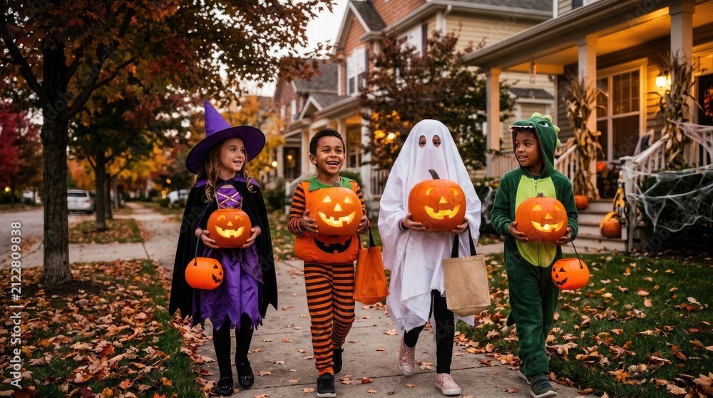 Obraz premium Children in halloween costumes holding pumpkins