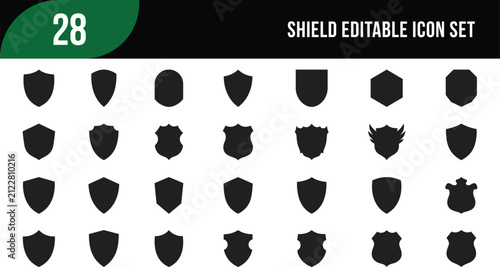 Shield editable icon set 28 black security shape silhouette vector collection