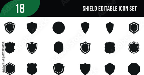 Shield editable icon set 18 black security badge shape silhouette vector collection