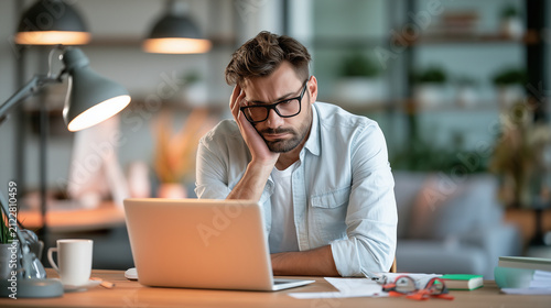 Employee looking at computer with hopeless expression in office, stressed work, angry chief, sad worker, style
