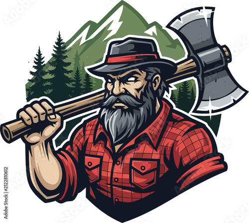 Cuadro en lienzo Rugged lumberjack character illustration a strong bearded man in a plaid shirt h