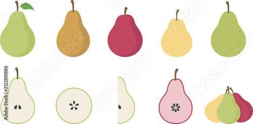 Foto Fresh whole and sliced pear fruit vector illustration set featuring green yellow