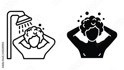 Cuadro en lienzo Person Washing Hair Under Shower Vector Icons Set in Minimalist Line Art and Sol
