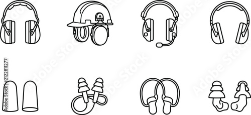 Obraz na płótnie Hearing Protection Equipment Outline Icon Set with Earmuffs, Helmet Mounted Ear