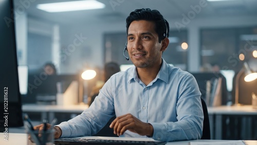 Customer Service Representative Wearing Headset – Professional Call Center Support Agent Assisting Clients in Modern Contact Center