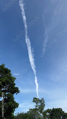 Bild auf Leinwand Long aircraft contrail in blue sky above green trees
