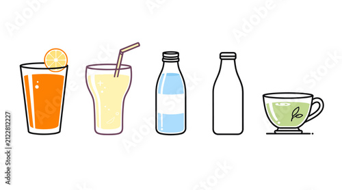 Collection of various beverages in glasses bottles and cup.