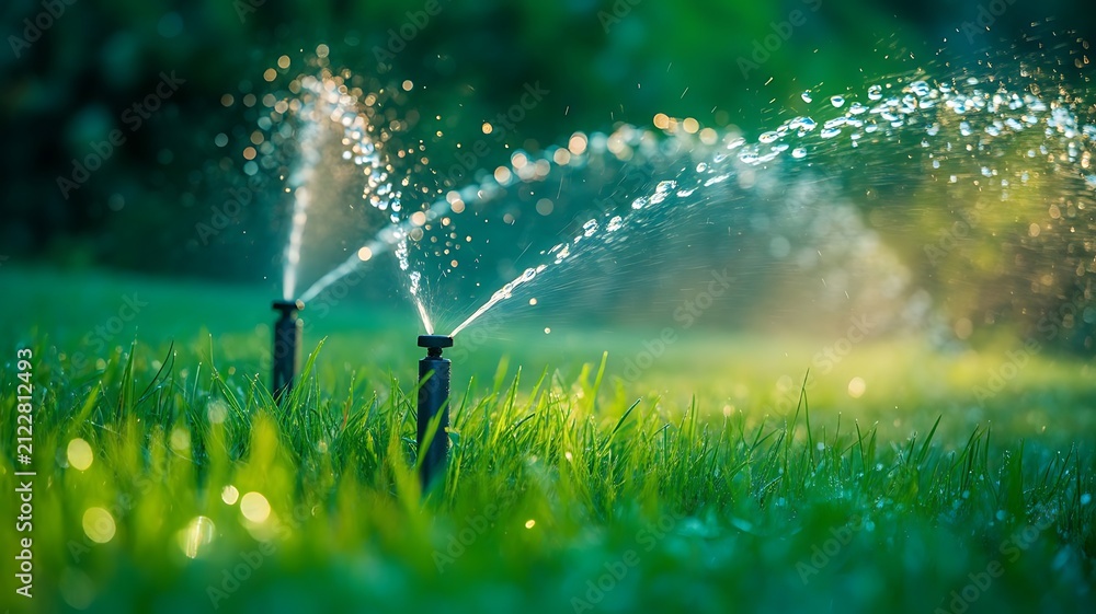 Fototapeta premium Automatic garden irrigation system spraying water droplets over a lush green lawn during a sunny afternoon in a peaceful backyard landscape setting