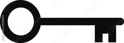A simple black silhouette icon of a classic door key isolated on a plain white background surface