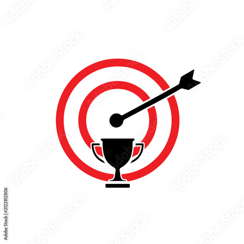 Target with arrow hitting the bullseye above a winner trophy icon, symbolizing success, achievement, goals, business growth, leadership, motivation, strategy, victory, and performance.