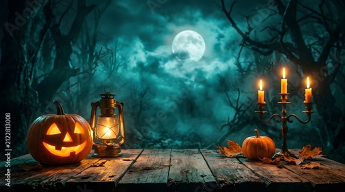 A spooky halloween background featuring a glowing jack o lantern and candles on a rustic wooden table