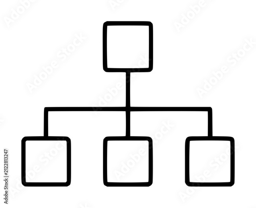 Hand-drawn vector icon illustration of an organizational chart hierarchy showing one rounded square node connected by lines to three subordinate child boxes below, minimalist black outline
