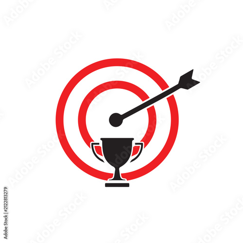 Target with arrow hitting the bullseye above a winner trophy icon, symbolizing success, achievement, goals, business growth, leadership, motivation, strategy, victory, and performance.