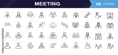 Professional business meeting and corporate management icons set for office communication team collaboration symbols.