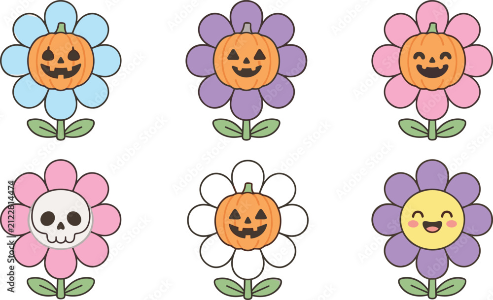Fototapeta premium Cute pastel halloween flower vector set featuring kawaii pumpkin center flowers skull flower and happy daisy illustration