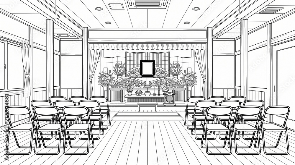 Fototapeta premium Japanese Funeral Hall with Flower Altar Manga Background
