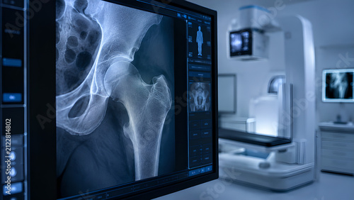 Osteopenia bone X-ray radiology concept showing early loss of bone density on diagnostic monitor in a clinical imaging room for healthcare, medical education, radiology, and patient education use
