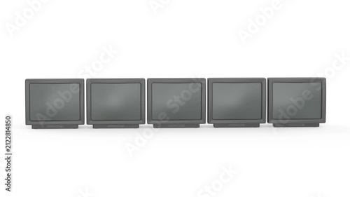 Five CRT TV's in a row on white background
