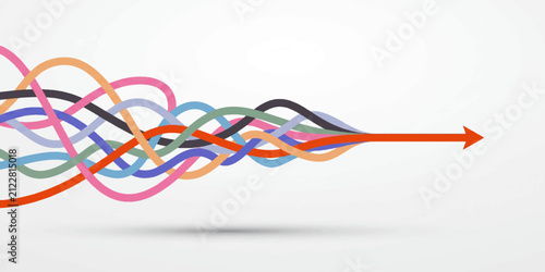 Tangled Colorful Lines Merging into Straight Red Arrow Concept Vector Illustration