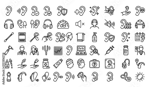 Obraz na plátne Ear Care and Hearing Aid Icon Set with Otolaryngology Doctors Medical Exams Earp
