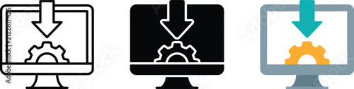 Set of computer monitor icons with download arrow and gear symbol representing software update or installation