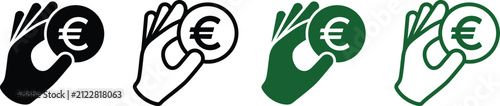 Set of hand holding euro coin icons in black and green colors