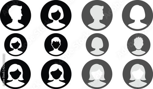 Set of male and female user profile avatar icons in black and grey circular styles