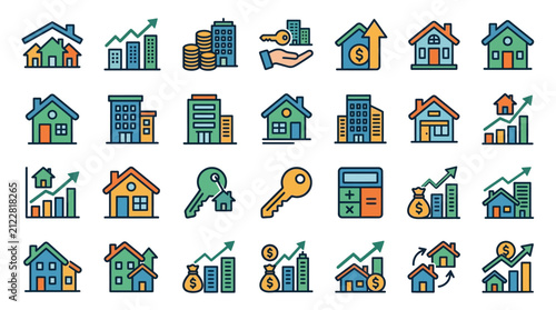 Cuadro en lienzo Corporate Set of Colorful Real Estate and Property Investment Icons with Houses
