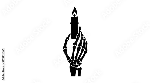 Obraz na płótnie Halloween, Skeletal hand icon holds a lit candle, rendered in stark black and white, evoking themes of mortality, remembrance, or the transient nature of existence