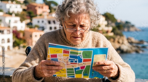 Senior woman with glasses squinting at large upside down colorful tourist map with blurry coastal village background