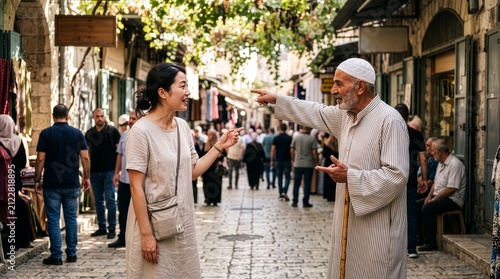 East Asian female tourist gesturing and asking local Middle Eastern man for directions on busy street