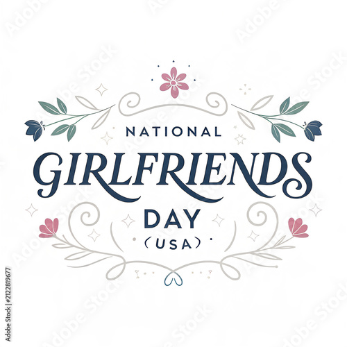 National girlfriends day usa card design with flowers and swirl accents.