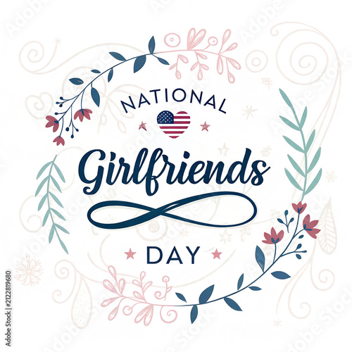National girlfriends day greeting card design with floral wreath frame.