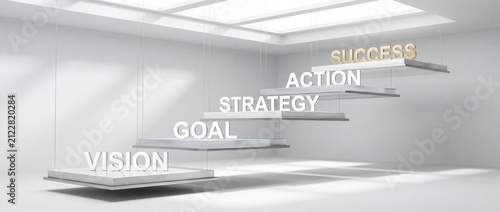 Conceptual staircase with motivational words representing steps toward success and achievement in a modern minimalist setting with three dimensional words vision