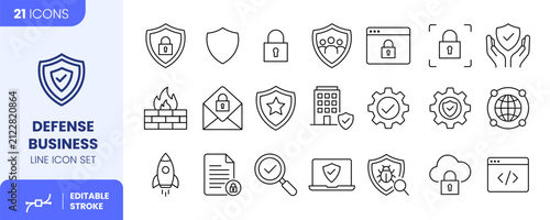 Defense Business Line Icon Set, 21 Editable Stroke Security and Protection Symbols Vector Illustration