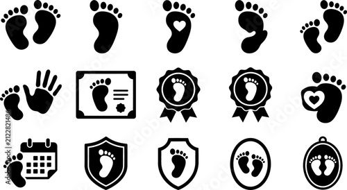 Quadro su tela A collection of black and white baby footprint icons featuring various shapes li