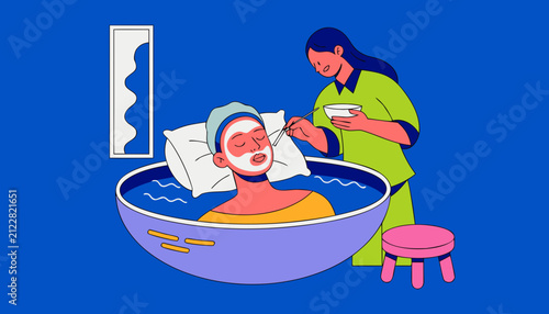 Foto Beautician applies facial mask to woman lying in bathtub with soapy water for pampering