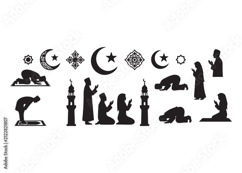 Islamic religion symbols and people praying silhouettes on white background
